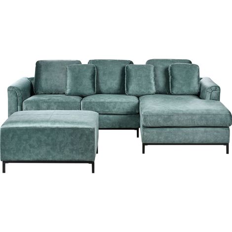 Canapé d'Angle à Gauche avec Ottoman Moderne en Velours Forme en L Hydrofuge Pieds en Acier Bleu Sarcelle Oslo