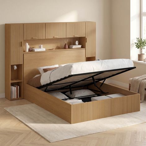 Cama doble con cajón inferior JULIETTE, armario con espacio de almacenamiento y somier de 140 x 190 cm con efecto de listones de (1/5)