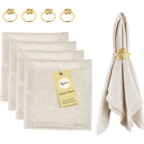 Pack de 4 Serviettes en Lin (4 Serviettes en Coton + 4 Rond de Serviette), Set de décoration de Table 40x40 cm pour événements, Mariage, Anniversaire, dîner, café, Cuisine, Restaurant (Beige) (1/5)