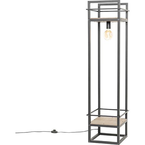 Industrielle Stehlampe schwarz mit Holz - Cage Rack