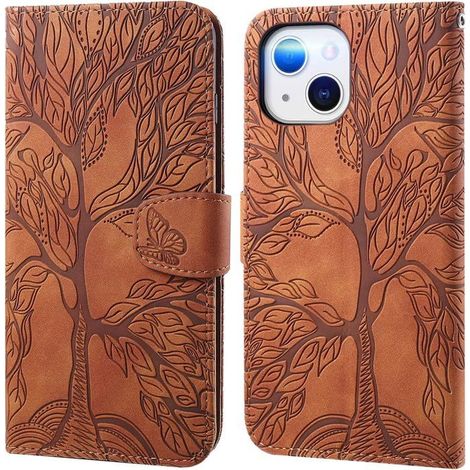 TRAHOO-Coque pour iPhone 14, Arbre de Vie Papillon Motif Housse Case en Cuir Synthétique Cover à Rabat, Portefeuille Étui de [J318] (1/5)