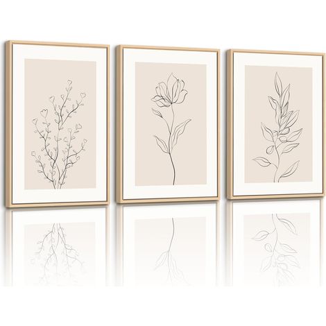 Toile Peinture Encadrée, Bohème Botanique Tableau Decoration Murale, Abstraite Plante Neutre Noir et Beige Peinture pour Decoration Murale Salon Maison Deco Chambre 30x40cmx3 (1/5)