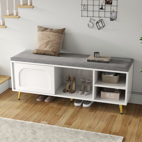 Banc à chaussures, étagère à chaussures avec siège, banc avec coussin d'assise, meuble à chaussures avec espace de rangement, banc-penderie, blanc, dimensions : L 121 × P 35 × H 49 cm (1/4)