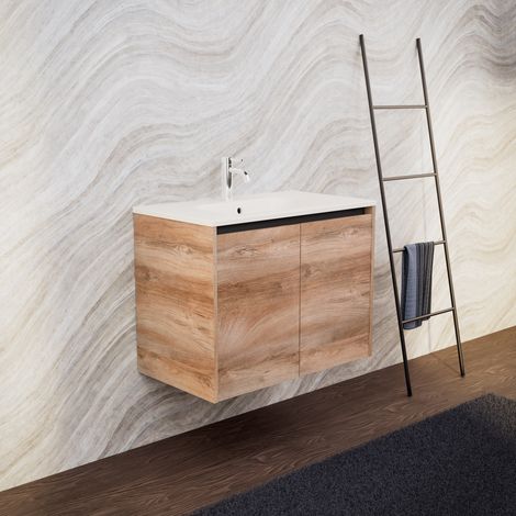 Inda - Meuble de salle de bain L.80 avec vasque mate / Chêne (1/5)