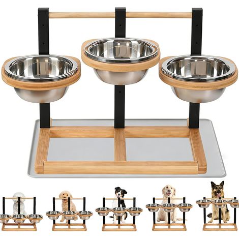 Raised Dog Bowl for Dogs, Height Adjustable Wooden Raised Dog Bowls Dog Bowl Stand with 3 Stainless Steel Bowls and Leak-Proof Mat, Feeding Station Medium Large Dogs Feeding Bowl (1/5)