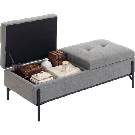 Sitztruhe aus Leinen, Bettbank mit 2 Fächern, klappbaren Deckeln und extra dicker Polsterung, 117 x 50 x 44 cm (1/5)