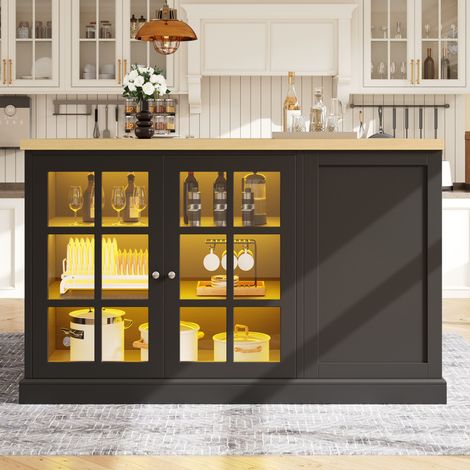 Isla de cocina / mesa bar 120 x 40-70 x 90 cm negra, plegable con LED y botellero (1/5)