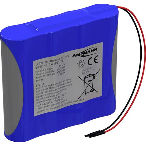 Ansmann 4S1P Akkupack 4x 18650 Kabel Li-Ion 14.5V 3500mAh Pack de piles rechargeables 4x Li-Ion 14.5 V 3500 mAh