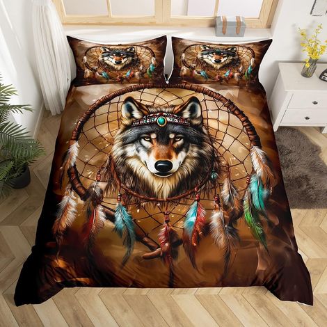 Parure de lit avec housse de couette 135 x 200 cm, motif loup exotique attrape-rêves, pour enfants, garçons, filles, adolescents, esthétique animaux sauvages, moderne, amoureux des animaux (1/5)