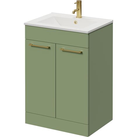 Napoli 460 Olive Green 600mm 2 Door Vanity Unit with Angel Basin - 600mm - Brushed Brass 160mm Handle