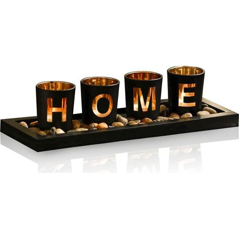Set de Porte-Bougies Décoratifs pour Maison – 4 Porte-Bougies à Thé en Verre avec Plateau en Bois pour Porte-Bougies (Sans Bougies Incluses), Galets Naturels pour Décoration de Table et Pièce Maîtress (1/5)