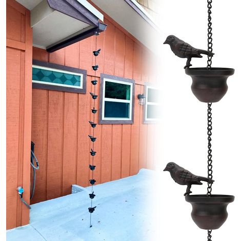 Chaîne de pluie vintage en forme d'oiseau – 2,4 m (8 pi) – Avec crochet – Bronze foncé – Chaîne décorative pour gouttières extérieures (1/4)