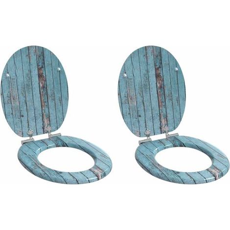 Ensemble de deux sièges de toilette en panneaux de fibres de densité moyenne avec couvercle à fermeture amortie et finition grain de bois antique.