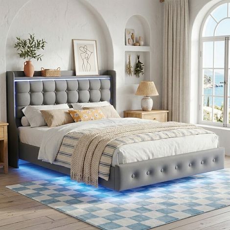 Lit Double 160x200 cm Velours avec LED et USB, Lit Capitonné Adulte Suspendu avec Sommier à Lattes - Gris