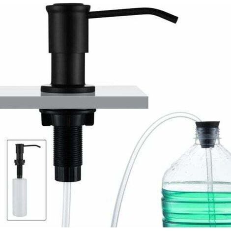 Integrated soap dispenser for kitchen sinks, with 500 ml soap bottle and 1 meter extension tube, top filling, black. (1/4)