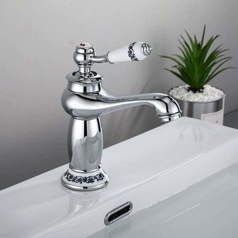 Robinet de lavabo en laiton et porcelaine noire et blanche, style XU, long motif floral rétro, alimentation en eau chaude et froide (finition chromée). (1/3)