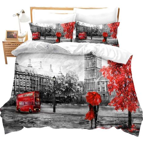 Housse de Couette en Microfibre Douce avec Housse de Couette Gris Rouge Double étage Housse de Couette Paysage Urbain Rue Super King (1/5)