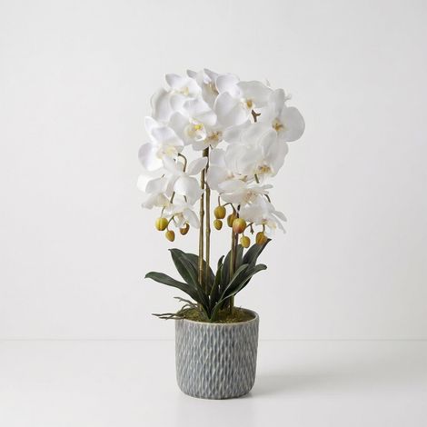 HOMESCAPES Artificial Cream Orchid in Blue Ceramic Pot
