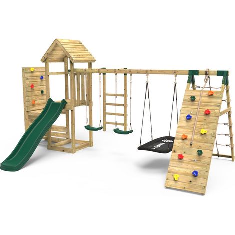Rebo Wooden Climbing Frame with Vertical Rock Wall, Swing Set and Slide - Pyrennes+ (1/5)