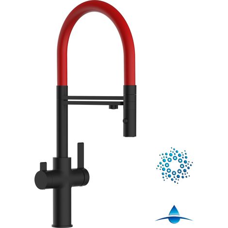 Robinet de Cuisine Mitigeur 4 Voies noir mat pour système de carbonatation et filtration/purification d'eau bec rouge orientable et douchette 2 jets détachable FC VIZIO (1/5)