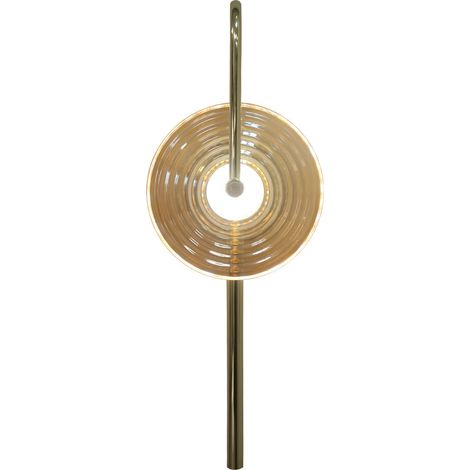 Aplique de pared moderno con disco de vidrio estriado vertical color ámbar, tubo dorado curvado, LED de color variable de 6W PLATO Light Prestige (1/5)
