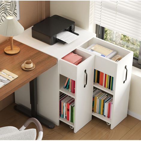 Estantería móvil con ruedas 52x50x75 cm, con cajón y 2 estantes, reversible, tablero de partículas blanco (1/5)
