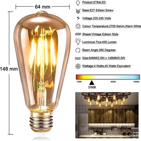 Ampoule E27 Vintage,6 Pièces Ampoule Edison LED E27 ST64 Lampe Décorative Rétro Edison Ampoule Vintage Antique Lampe 4W Filament Blanc Chaud pour Restaurant Café Bar Ampoules à Incandescence (1/7)