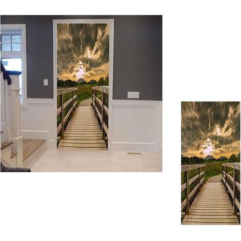 3D-Türsticker – Sonnenuntergang auf Holzbrücke, künstlerische Wandtapete