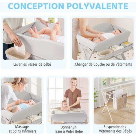 Table à langer bébé grise à 3 hauteurs avec baignoire amovible, rangement et roues verrouillables (1/5)