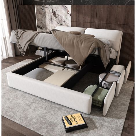 Cama tapizada moderna de terciopelo beige 160x200 cm con cabecero ajustable, 3 cajones, arcón hidráulico y somier de láminas
