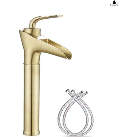 Robinet Salle de Bain Or Brossé Cascade Haut Robinets de Lavabo en Laiton Massif,Antique Rétro Mitigeur évier Lavabo,Chaude et Froide Réglable,Valve en Céramique,G3/8 (1/5)