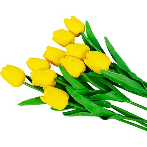 Tulipe Artificielle - 10 Pièces - Tige en Fil Métallique Souple - Hauteur 35 cm - Tête de Fleur 8 cm - Matériau PU Toucher Réaliste - Jaune