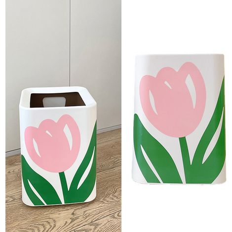 Poubelle à motif floral, grande ouverture, design mignon et moderne, idéale pour la cuisine, la salle de bain ou la chambre, de forme carrée et de petite taille. (1/5)