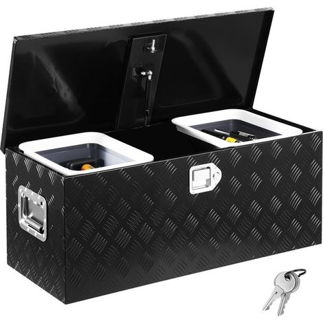 Boîte à Outils Camion Coffre de Benne Aluminium Pick-up 899x370x370 mm avec Étagères Coulissantes Serrure Noir (1/5)
