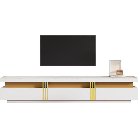 MODFU - Mueble de TV blanco de 3 cajones - Apto para televisores de hasta 90 pulgadas, sistema de gestión de cables, tapa con chapa de mármol, 200 x 40 x 42 cm (1/5)