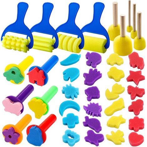 Set de 39 pinceaux éponges lavables pour enfants, outil de peinture créative avec sac de rangement, pour maison, école et fêtes, multicolore (1/5)