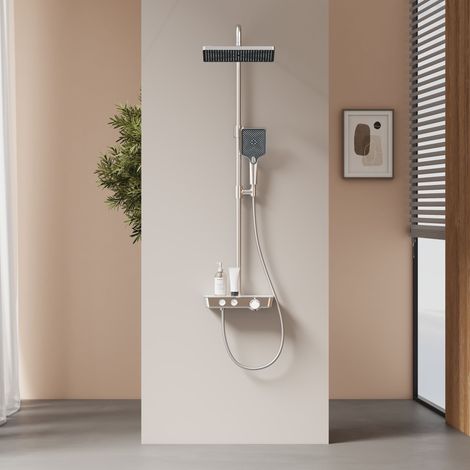 EMKE Duschsystem mit Thermostat, Handbrause mit 3 Strahlstärken, Wasserfall-Auslauf, Duschsäuleset Duschgarnitur mit glasablage, KTW Zertifizieren, Chrom (1/5)