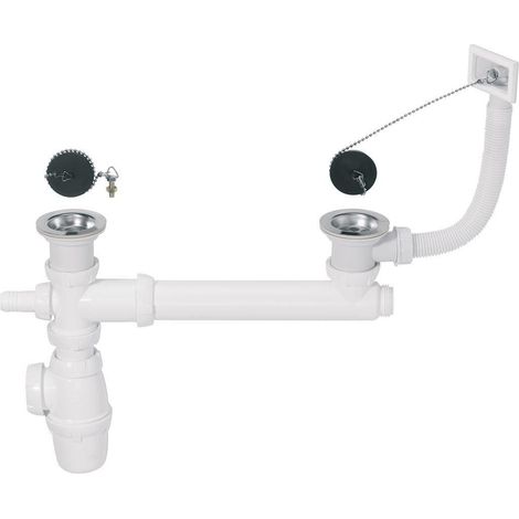 Wirquin Pro – Ensemble complet vidage Ø60 pour évier 2 bacs – 2 bondes à bouchon – Siphon avec prise machine à laver – Trop plein extérieur (1/3)