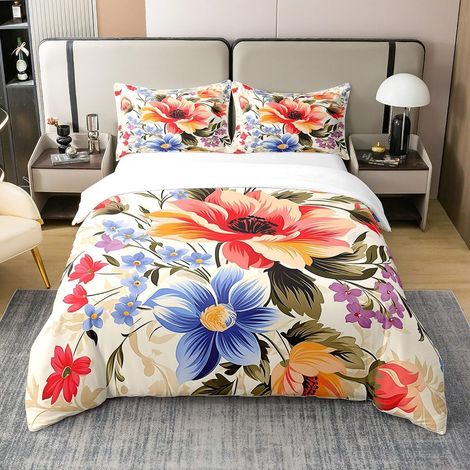 Marguerite Rouge Bleu Coton Housse de Couette,Marguerite Pétales Fleurs Parure de Lit 140x200,Plantes de Jardin Thème Floral Couvre Lit Chambre Décor Filles Femmes Adultes,1 Taie d'oreiller (1/5)
