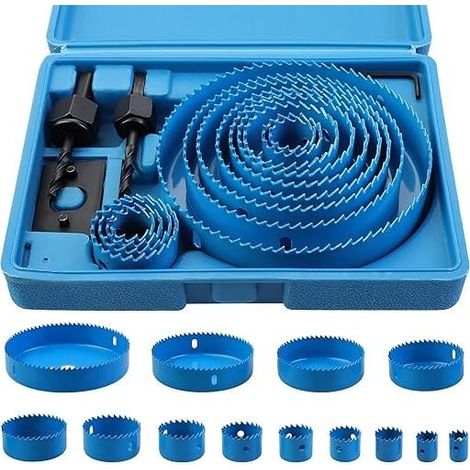 17 Pcs Kit Scies Cloches bi-métal en Acier Carbone 19-127mm Scie Cloche Coffret pour Bois, Plaque de Plâtre et Plaques de Plâtre bleu, Profondeur de Coupe 25 mm