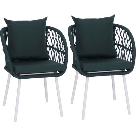 [NEUWERTIG] 2er-Set Gartenstuhl HHG-393, Gartensessel Armlehne, Aluminium Seilgeflecht Rope Gestell hellgrau, Polster grün