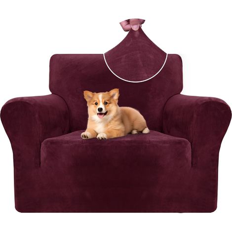 Housse Fauteuil Velour 1 Place, Housse Canape Extensible avec Accoudoirs, Universelle Sofa Cover Antidérapante, Protection Couvre Canapé Anti Poils Animaux, Lavable, Bordeaux (1/5)