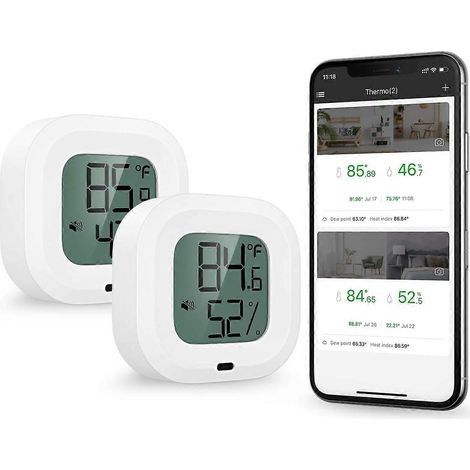 Thermomètre-hygromètre Bluetooth 5.0, lot de 2, contrôle sans fil via application, surveillance précise de la température et de l'humidité, capteur avec écran, bouton et alerte. (1/5)