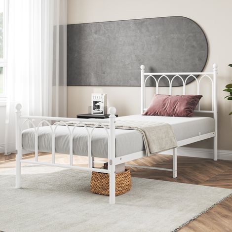 Letto singolo per bambini 90x200 cm, testiera e pediera alte, rete a doghe robusta, contenitore sottoletto da 27 cm, materasso non incluso, struttura in metallo bianco (1/5)