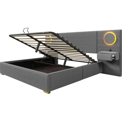 Letto imbottito 180x200 cm in velluto grigio con testiera LED, porte USB e contenitore idraulico (1/5)