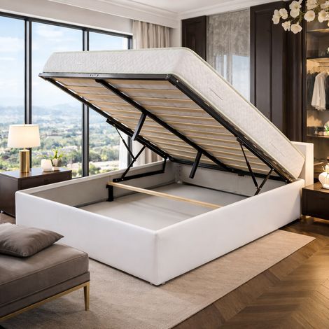 Ensemble Lit Coffre et Matelas 140x190 cm - Couleur : Blanc - Sommier Relevable avec Grand Coffre de Rangement et Vérins Hydrauliques - Matelas Haute Densité Confort Souple - Lit Coffre Déhoussable Mo (1/5)