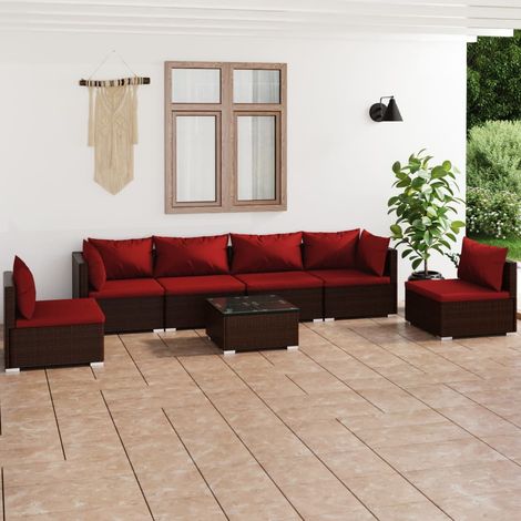 7-tlg. Garten-Lounge-Set mit Kissen Poly Rattan Braun (1/5)