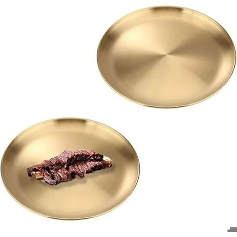Un ensemble de 2 plateaux décoratifs en acier inoxydable, assiettes rondes en acier inoxydable (20 cm, doré). (1/5)
