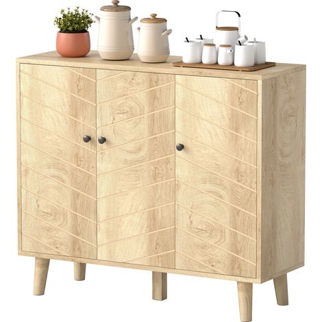 Buffet Cuisine, Meuble de Rangement avec 3 Portes à Motif Chevron, 88,3x30x76cm, naturel (1/5)