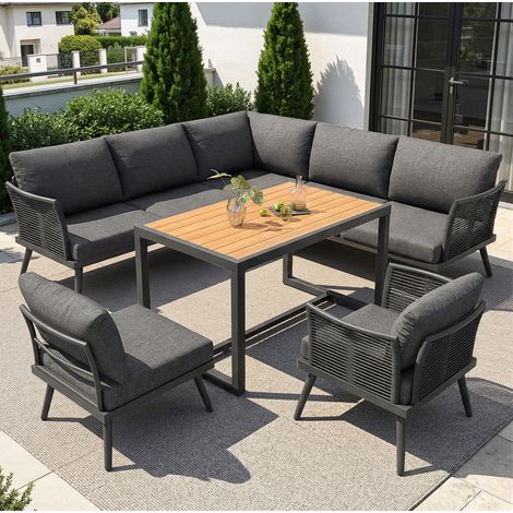 OKWISH Garten-Lounge-Set in L-Form für 7 Personen mit WPC-Couchtisch, Sessel und grauen Kissen (1/5)